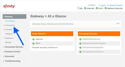 Xfinity router login page open in a web browser