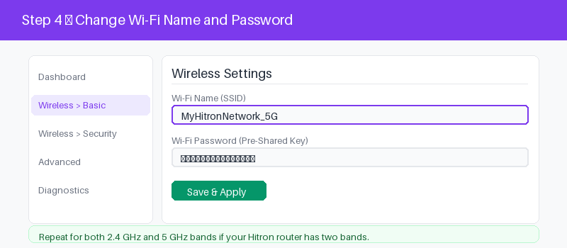 Hitron admin panel wireless settings for changing the Wi-Fi name and password