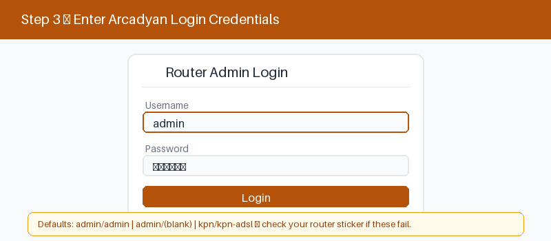Arcadyan router admin login screen with username and password fields