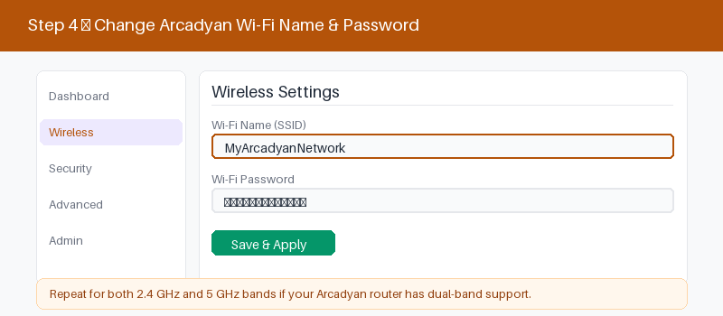 Arcadyan admin panel wireless settings for changing the Wi-Fi name and password