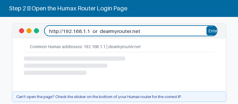 Humax router login page open in a web browser
