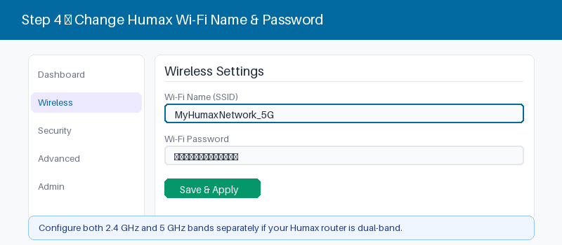 Humax admin panel wireless settings for changing the Wi-Fi name and password