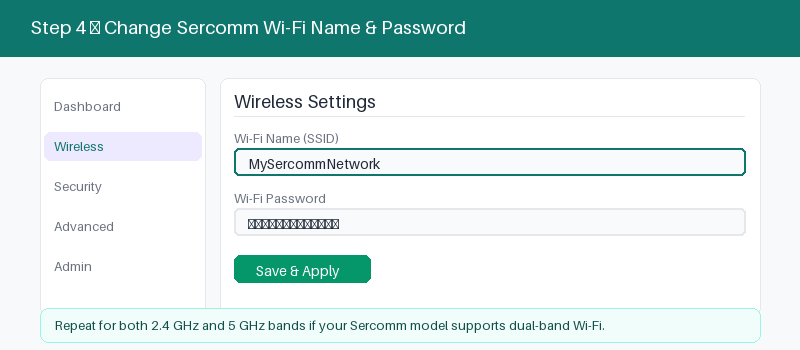 Sercomm admin panel wireless settings for changing the Wi-Fi name and password