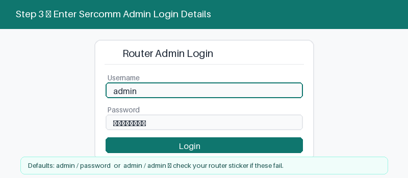 Sercomm router admin login screen with username and password fields