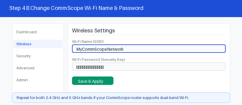 CommScope admin panel wireless settings for changing the Wi-Fi name and password