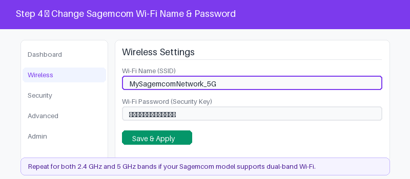 Sagemcom admin panel wireless settings for changing the Wi-Fi name and password