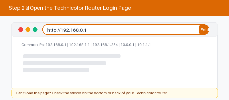 Technicolor router login page open in a web browser