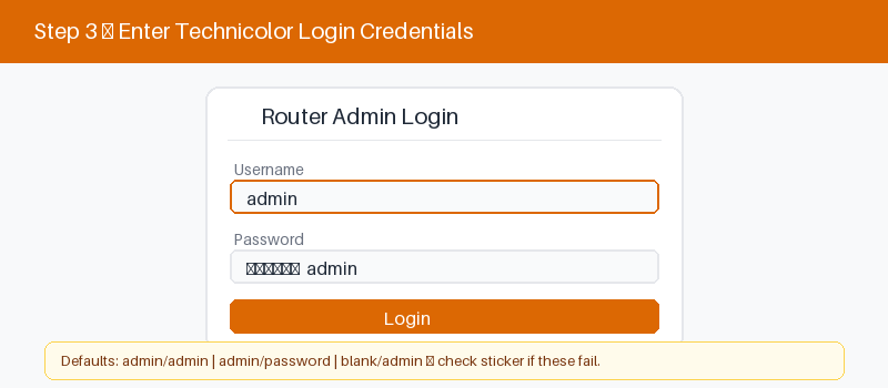 Technicolor router admin login screen with username and password fields