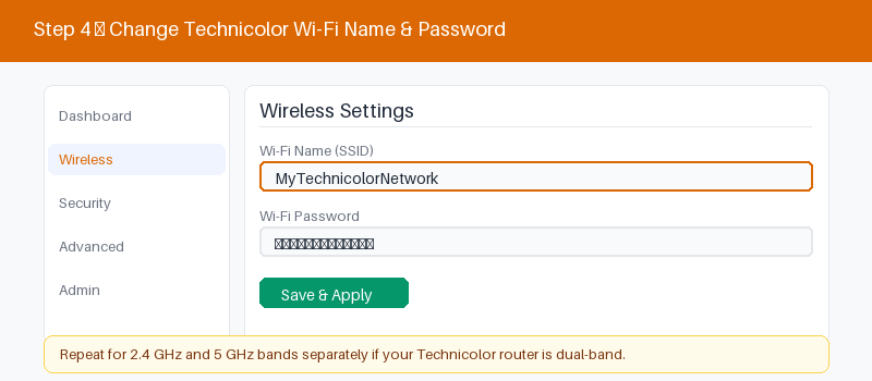 Technicolor admin panel wireless settings for changing the Wi-Fi name and password