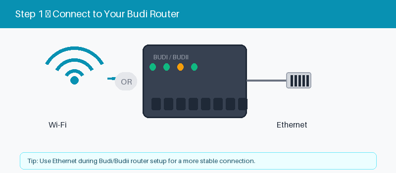 Budi router connected to a device by Wi-Fi or Ethernet
