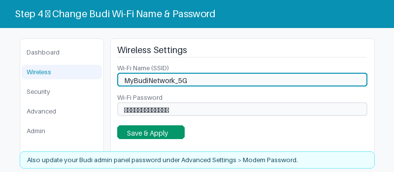 Budi admin panel wireless settings for changing the Wi-Fi name and password