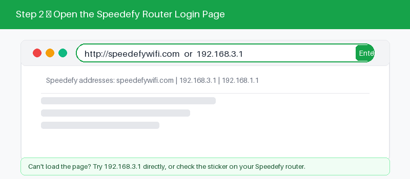 Speedefy router login page open in a web browser