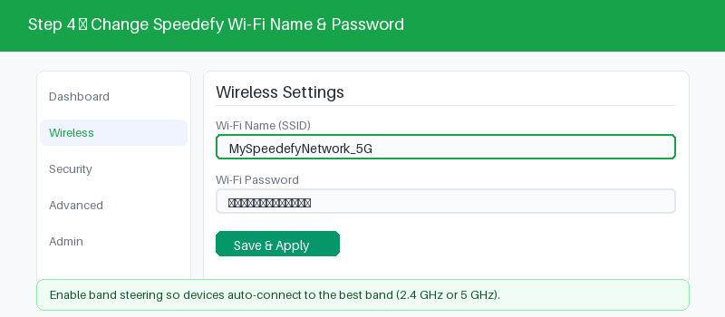 Speedefy admin panel wireless settings for changing the Wi-Fi name and password