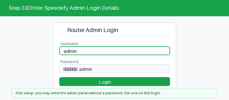 Speedefy router admin login screen with username and password fields