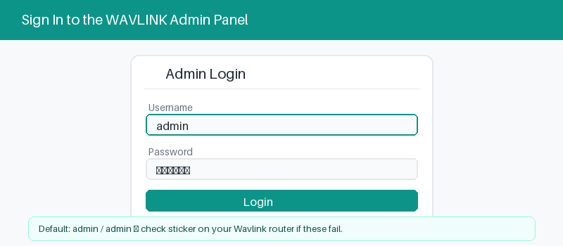 Wavlink router admin login screen with username and password fields