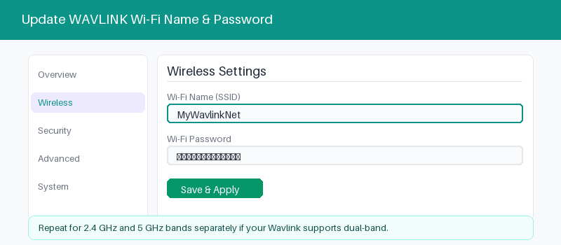 Wavlink admin panel wireless settings for changing the Wi-Fi name and password