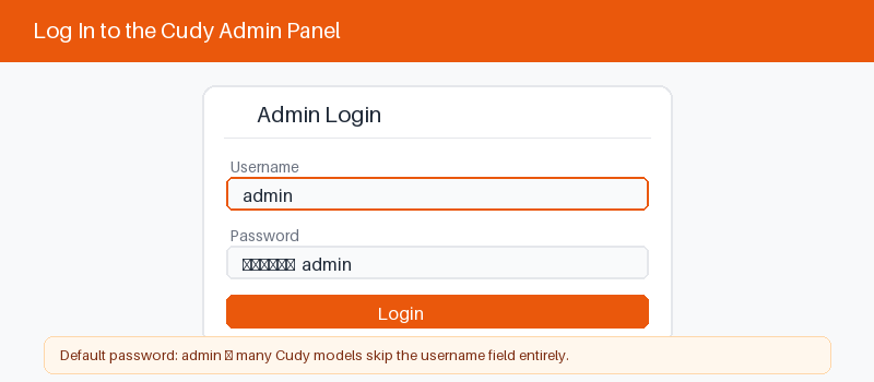 Cudy router admin login screen with username and password fields