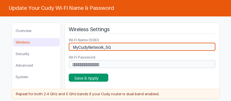 Cudy admin panel wireless settings for changing the Wi-Fi name and password