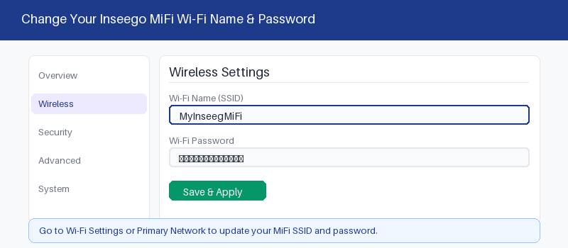 Inseego admin panel wireless settings for changing the Wi-Fi name and password