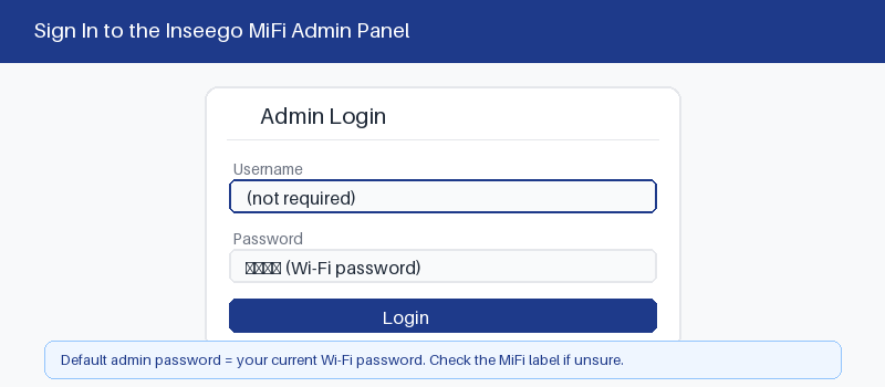 Inseego router admin login screen with username and password fields