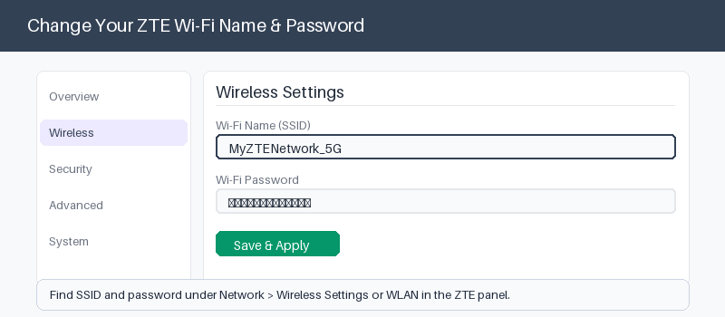ZTE admin panel wireless settings for changing the Wi-Fi name and password