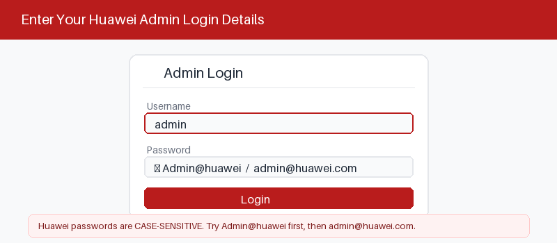 Huawei router admin login screen with username and password fields