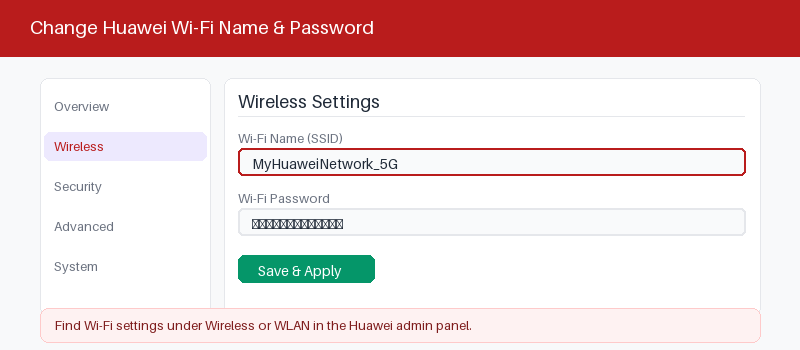 Huawei admin panel wireless settings for changing Wi-Fi name and password