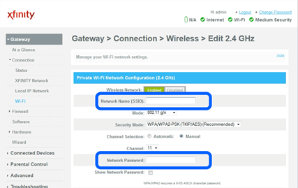 Xfinity router admin login screen with username and password fields