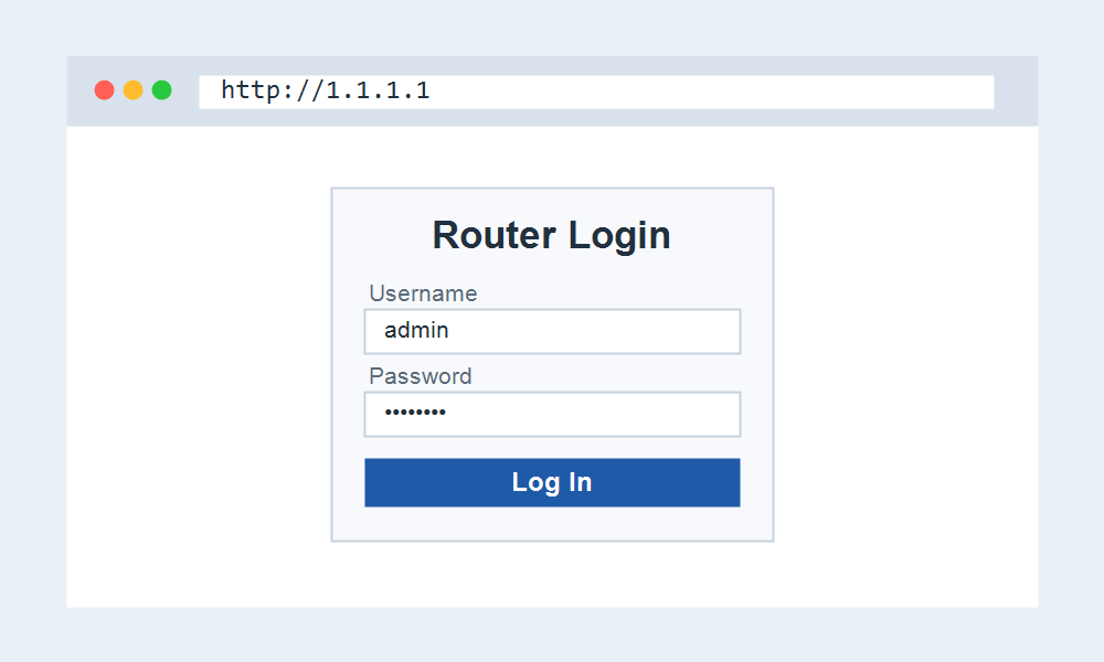 Browser open at http://1.1.1.1 showing the router login page with username and password fields