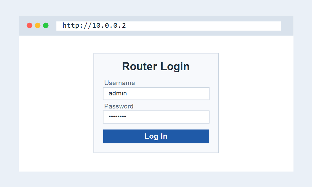 Browser open at http://10.0.0.2 showing the router login page with username and password fields