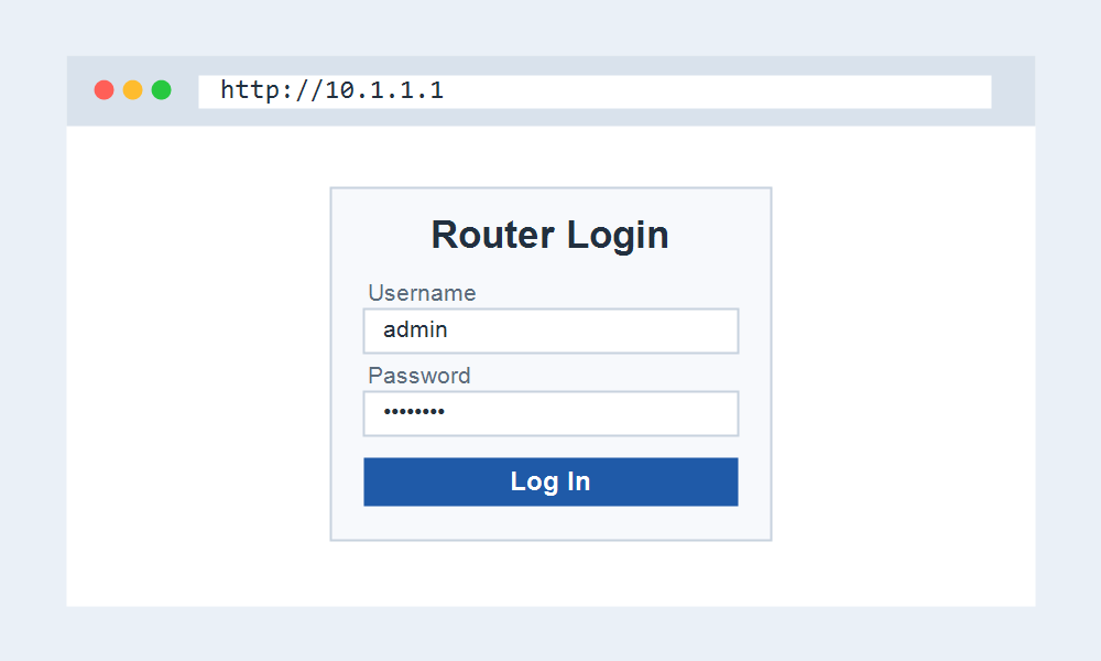 Browser open at http://10.1.1.1 showing the router login page with username and password fields
