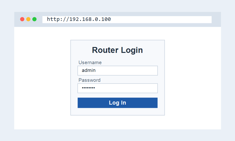 Browser open at http://192.168.0.100 showing the router login page with username and password fields