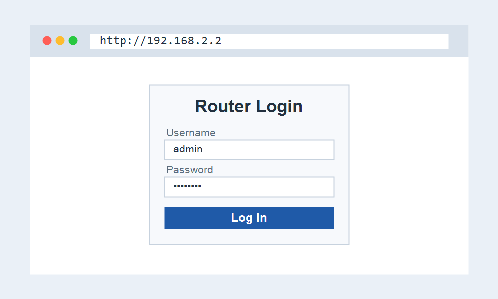 Browser open at http://192.168.2.2 showing the router login page with username and password fields